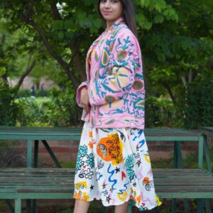 Womens Pink Velvet Embroidered Jacket with Floral Design